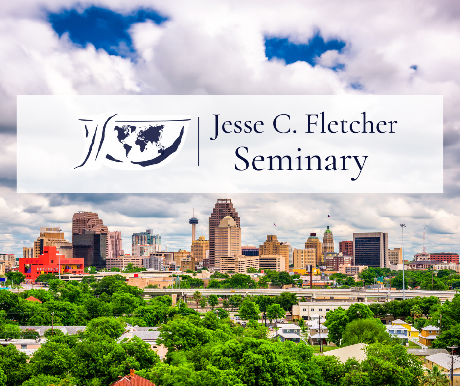Fletcher Seminary logo with a sunny San Antonio skyline in the background