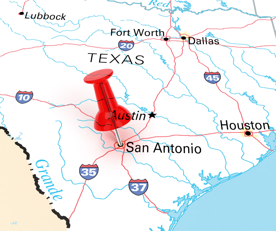 A red pushpin marks San Antonio, Texas on a map