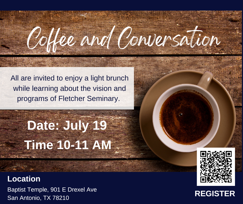 Coffee and Conversation Event flyer, with event information and a coffee cup on a distressed wooden surface