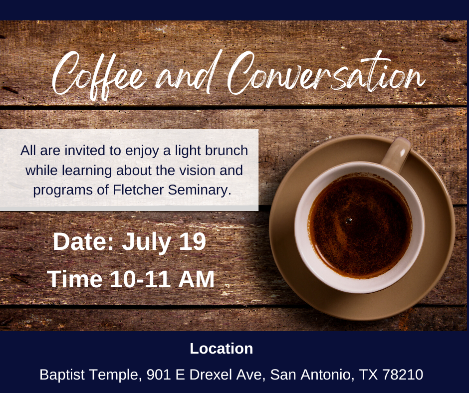 Coffee and Conversation Event flyer, with event information and a coffee cup on a distressed wooden surface