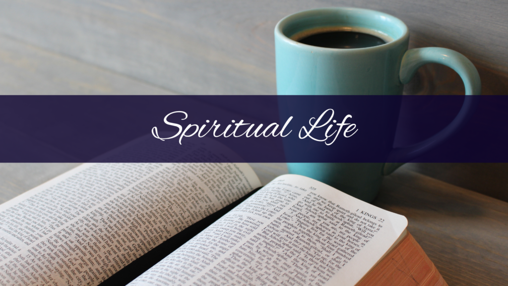 The words Spiritual Life on a purple field, with a Bible and coffee cup in the background