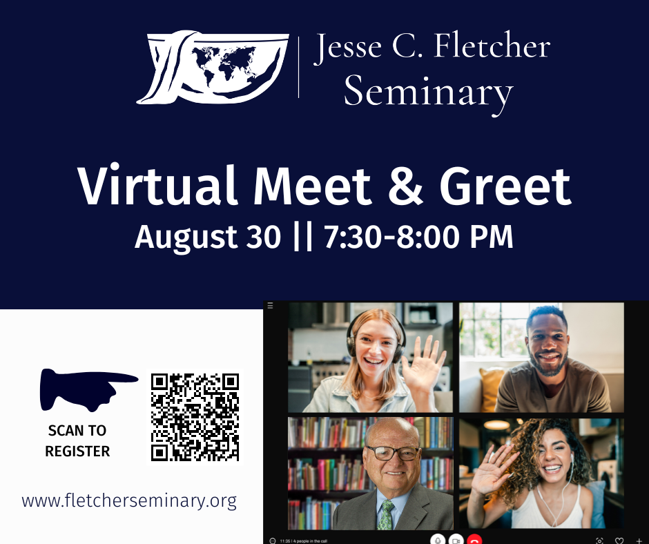 Virtual meet and greet informational flyer, with depiction of people on Zoom with smiling faces