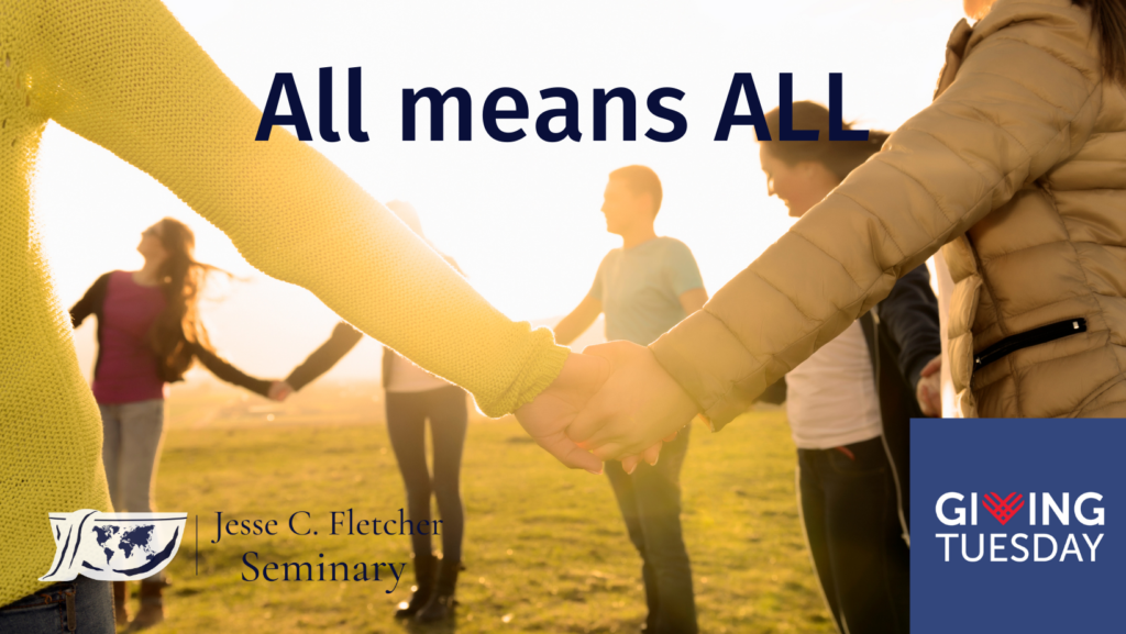 group holding hands in a circle at sunset, pictured with the words All means All