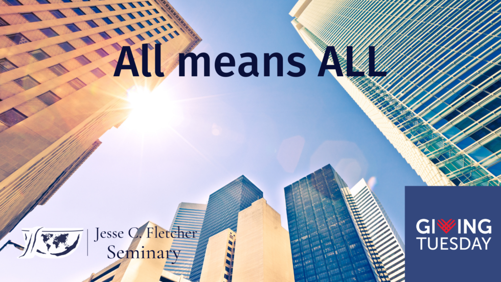 downtown San Antonio architecture pictured with the words All means All