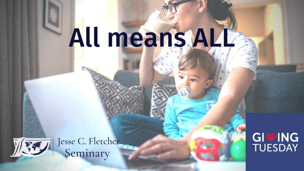 Woman holding a child pictured with the words All means All