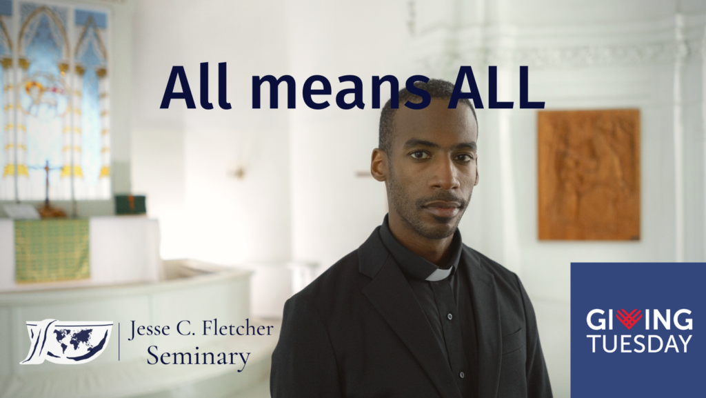 Black man in clericals pictured with the words All means All