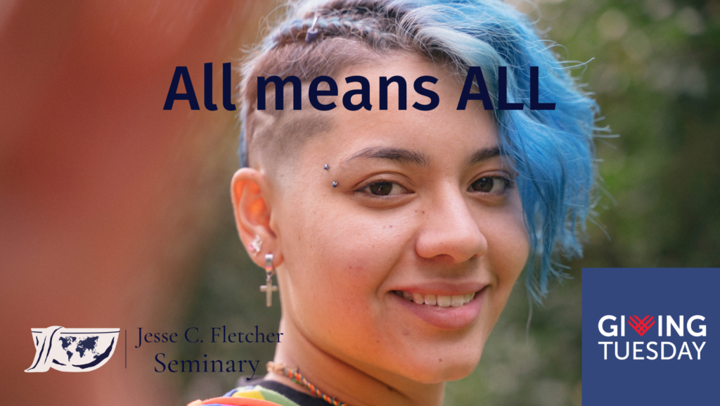 LGBTQ person pictured with the words All means All