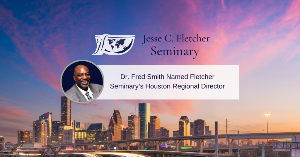 A picture of Fred Smith with the Houston skyline and sunset in the background