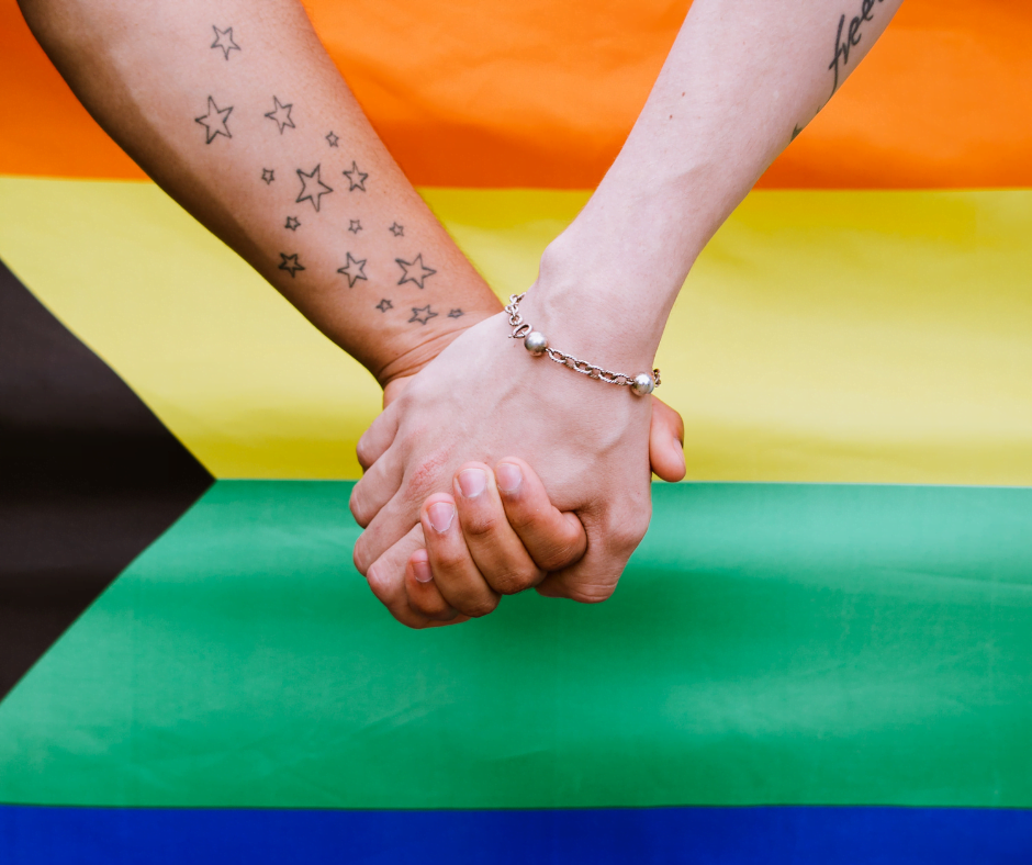 LGBTQ Inclusion, A picture of two people holing hands with a Pride flag in the background